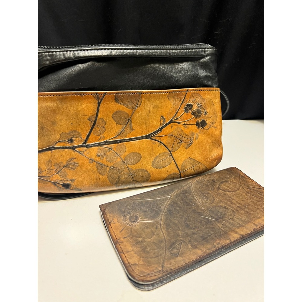 Vintage Botanical Leather Crossbody Purse Black Brown Bag w Matching Wallet Set‎